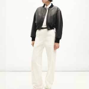 New $4995 Adam Lippes Cropped Black Leather Bomber Jacket